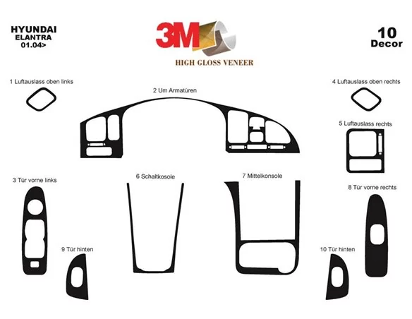 Hyundai Elantra 01.04-01.07 3D Interior Dashboard Trim Kit Dash Trim Dekor 10-Parts