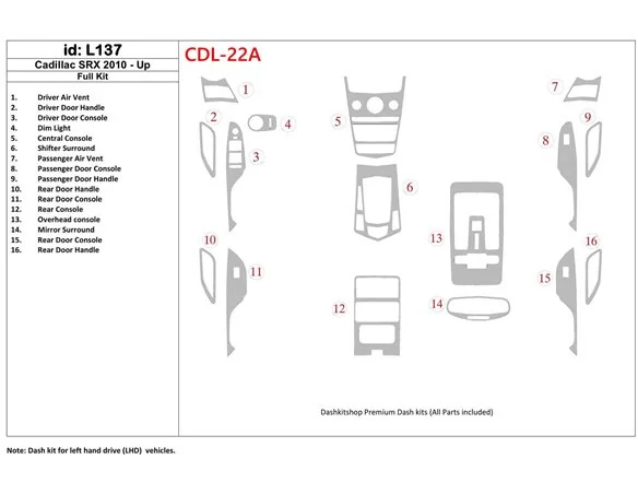 Cadillac SRX 2010-UP Full Set Interior BD Dash Trim Kit - 1 - Interior Dash Trim Kit