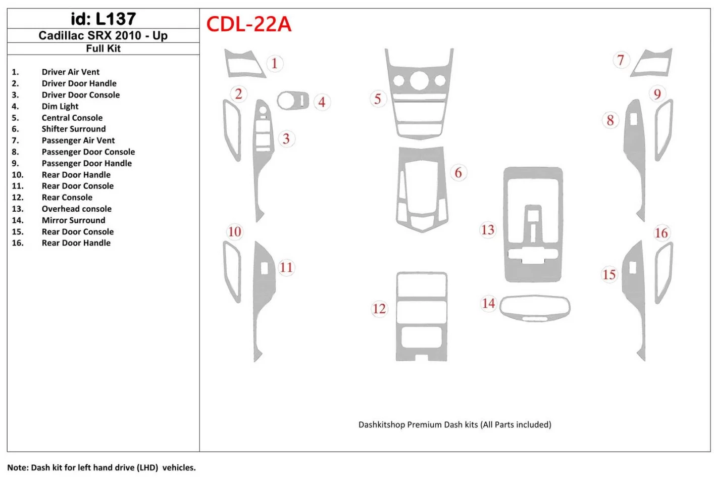 Cadillac SRX 2010-UP Full Set Interior BD Dash Trim Kit - 1 - Interior Dash Trim Kit