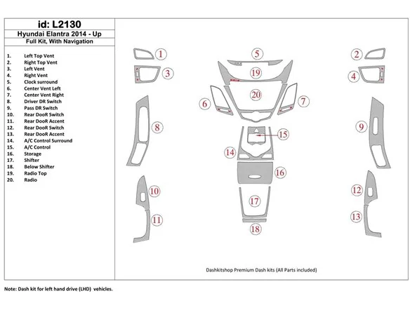 Hyundai Elantra 2014-UP Full Set, With NAVI Interior BD Dash Trim Kit - 1 - Interior Dash Trim Kit