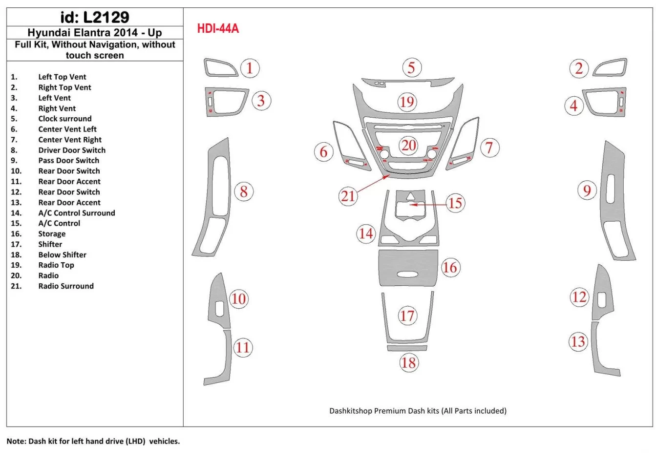 Hyundai Elantra 2014-UP Full Set, Without NAVI Interior BD Dash Trim Kit - 1 - Interior Dash Trim Kit