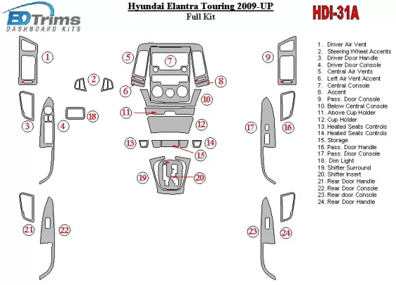 Hyundai Elantra Touring 2009-UP Full Set Interior BD Dash Trim Kit - 1 - Interior Dash Trim Kit