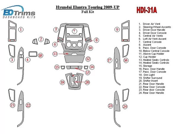 Hyundai Elantra Touring 2009-UP Full Set Interior BD Dash Trim Kit - 1 - Interior Dash Trim Kit