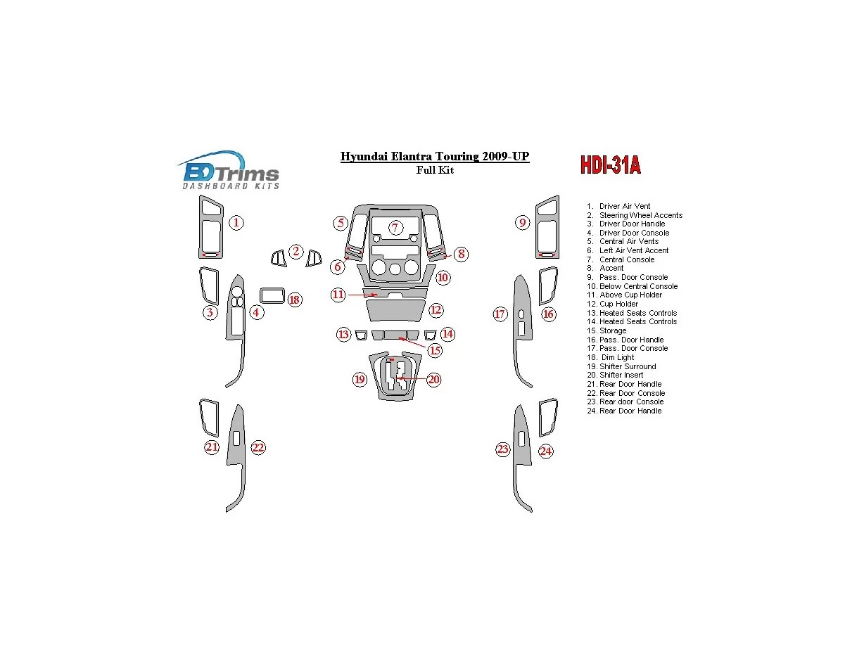 Hyundai Elantra Touring 2009-UP Full Set Interior BD Dash Trim Kit - 1 - Interior Dash Trim Kit