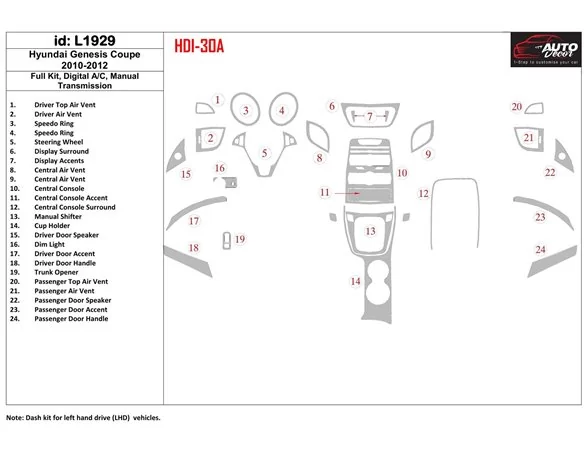 Hyundai Genesis Coupe 2010-2012 Full Set, Manual Gearbox , Automatic AC Interior BD Dash Trim Kit - 1 - Interior Dash Trim Kit
