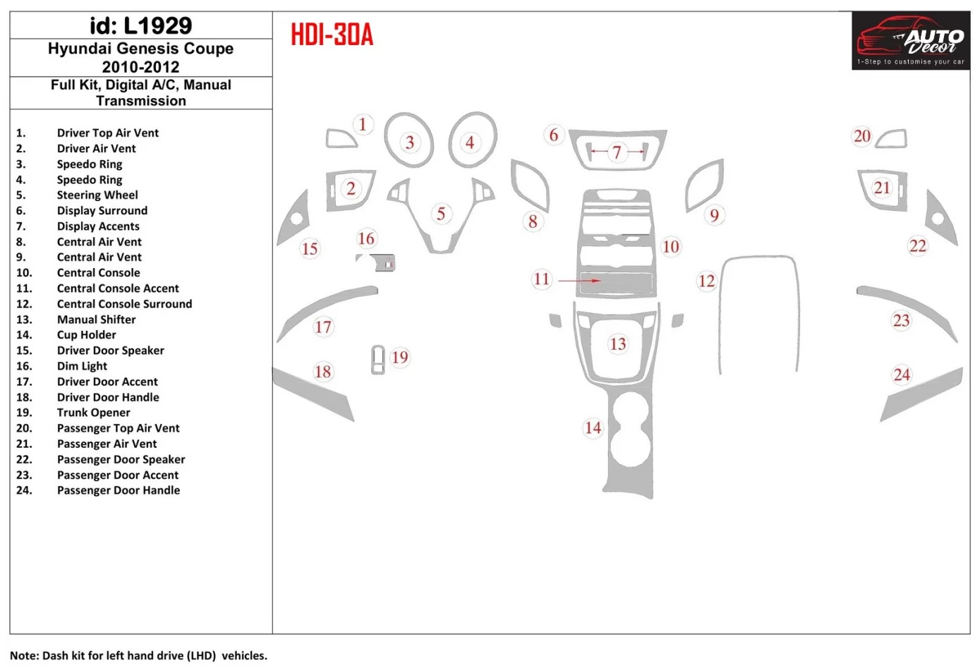 Hyundai Genesis Coupe 2010-2012 Full Set, Manual Gearbox , Automatic AC Interior BD Dash Trim Kit - 1 - Interior Dash Trim Kit
