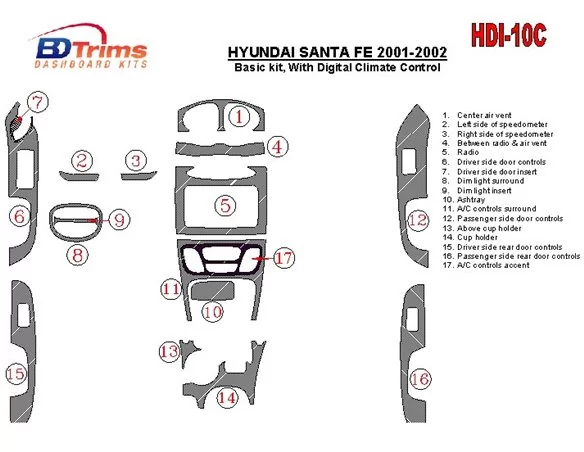 Hyundai Santa Fe 2001-2002 Basic Set, With Automatic Climate Control, 17 Parts set Interior BD Dash Trim Kit - 1 - Interior Dash