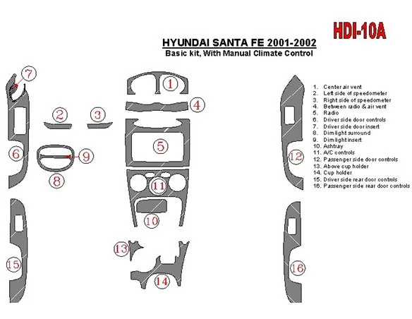 Hyundai Santa Fe 2001-2002 Basic Set, With Manual Gearbox, Climate Control, 16 Parts set Interior BD Dash Trim Kit - 1 - Interio