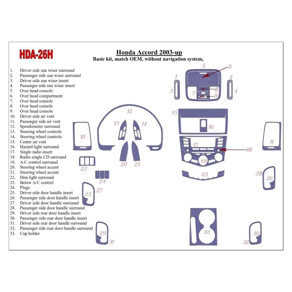 Honda Accord 2003-2007 Basic Set, OEM Compliance, Without NAVI system, 4 Doors Interior BD Dash Trim Kit