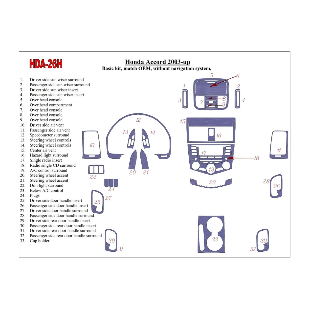 Honda Accord 2003-2007 Basic Set, OEM Compliance, Without NAVI system, 4 Doors Interior BD Dash Trim Kit