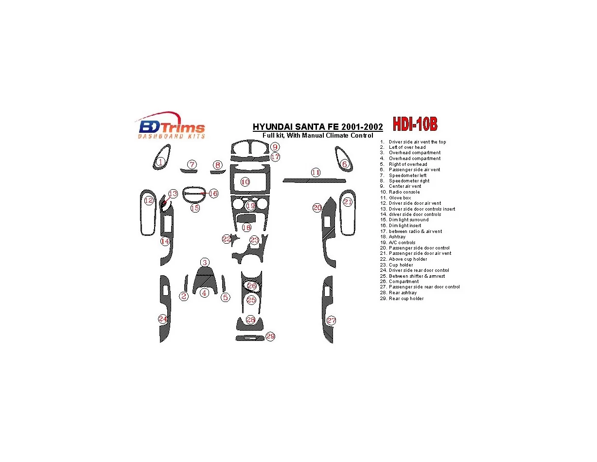 Hyundai Santa Fe 2001-2002 Full Set, With Manual Gearbox, Climate Control, 29 Parts set Interior BD Dash Trim Kit - 1 - Interior