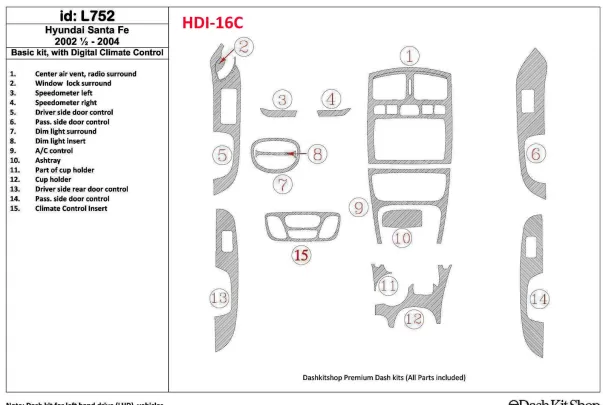 Hyundai Santa Fe 2002-2004 Basic Set, With Automatic Climate Control, 16 Parts set Interior BD Dash Trim Kit - 1 - Interior Dash