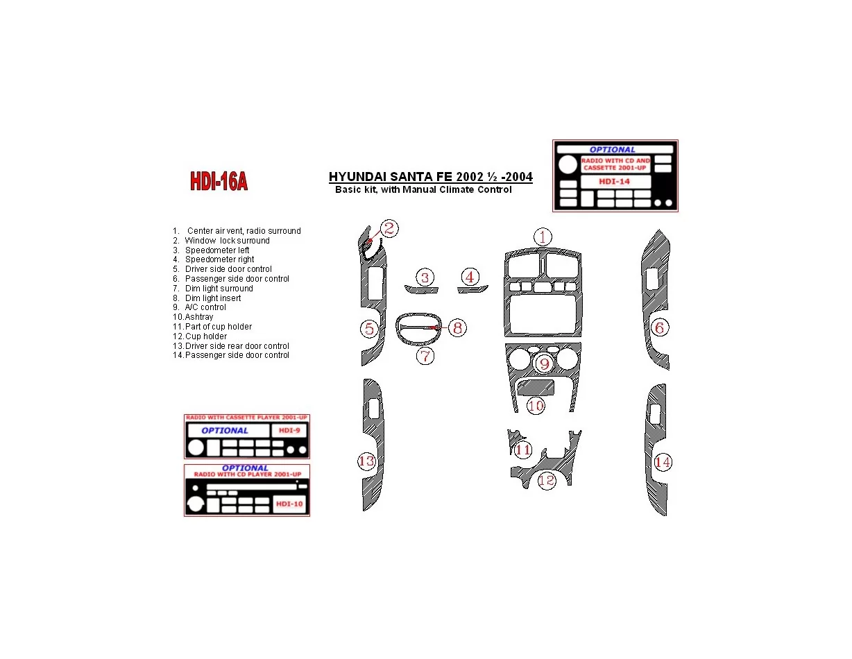 Hyundai Santa Fe 2002-2004 Basic Set, With Manual Gearbox Climate Control, 15 Parts set Interior BD Dash Trim Kit - 1 - Interior