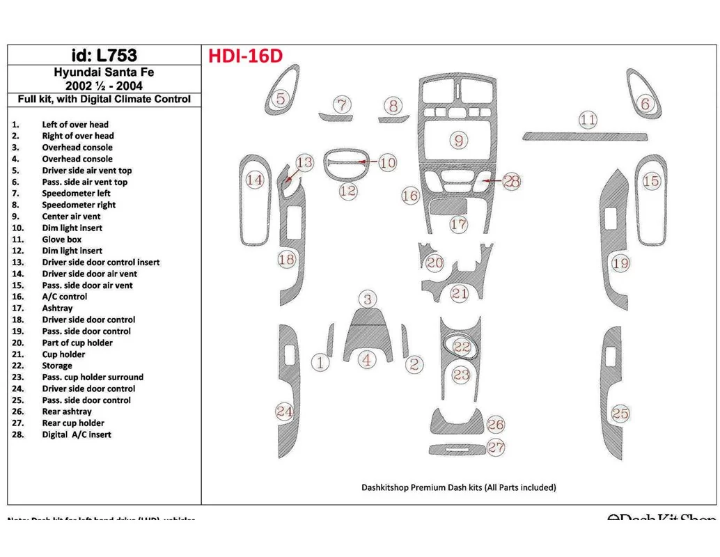Hyundai Santa Fe 2002-2004 Full Set, With Automatic Climate Control, 29 Parts set Interior BD Dash Trim Kit - 1 - Interior Dash 
