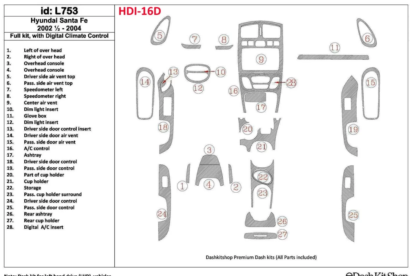 Hyundai Santa Fe 2002-2004 Full Set, With Automatic Climate Control, 29 Parts set Interior BD Dash Trim Kit - 1 - Interior Dash 