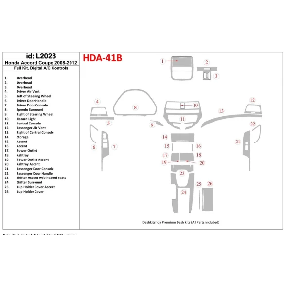 Honda Accord 2008-2012 Full Set, 2 Doors (Coupe), Automatic AC Control Interior BD Dash Trim Kit