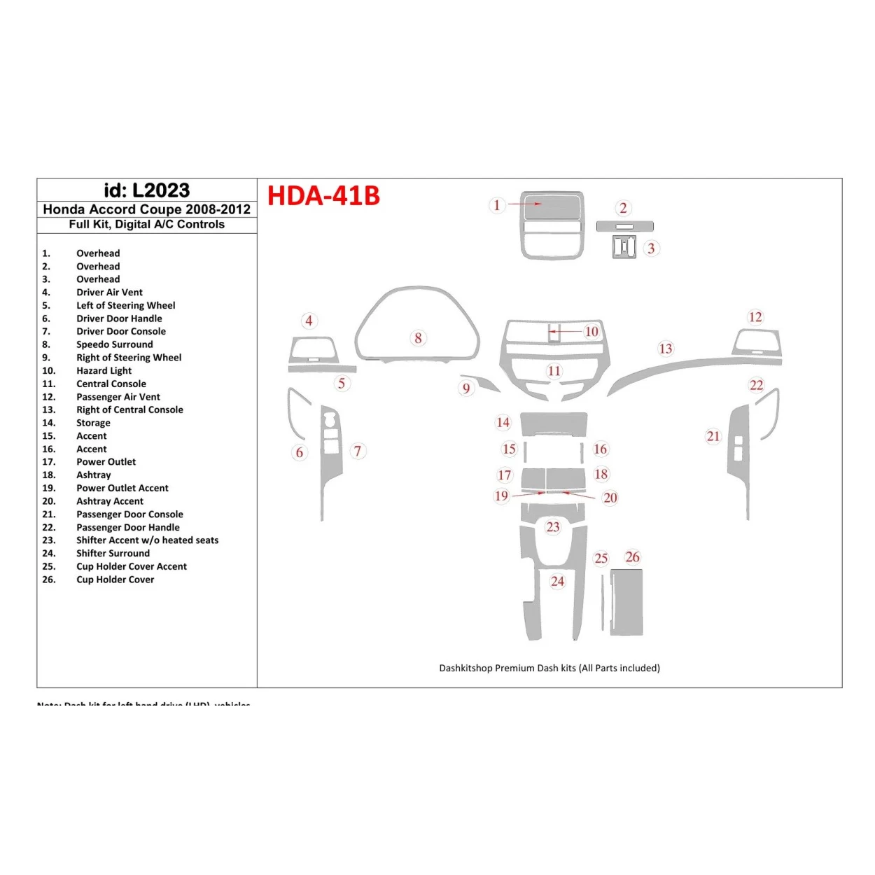 Honda Accord 2008-2012 Full Set, 2 Doors (Coupe), Automatic AC Control Interior BD Dash Trim Kit