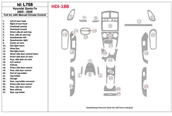 Hyundai Santa Fe 2005-2006 Full Set, With Manual Gearbox Climate Control Interior BD Dash Trim Kit - 1 - Interior Dash Trim Kit