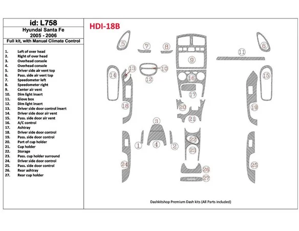Hyundai Santa Fe 2005-2006 Full Set, With Manual Gearbox Climate Control Interior BD Dash Trim Kit - 1 - Interior Dash Trim Kit