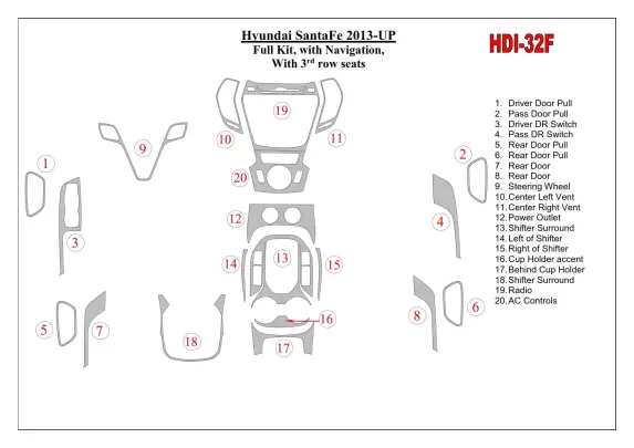 Hyundai Santa Fe 2013-UP Full Set, With NAVI, With 3 row seats Interior BD Dash Trim Kit - 1 - Interior Dash Trim Kit