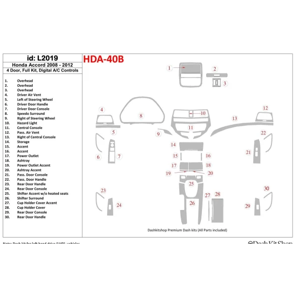 Honda Accord 2008-2012 Full Set, 4 Doors, Automatic AC Control Interior BD Dash Trim Kit