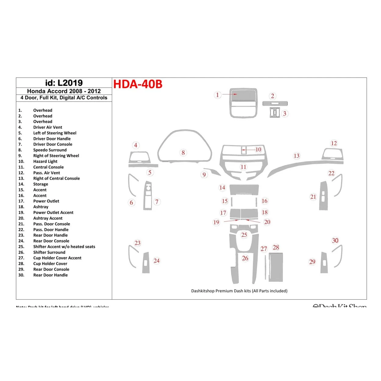 Honda Accord 2008-2012 Full Set, 4 Doors, Automatic AC Control Interior BD Dash Trim Kit