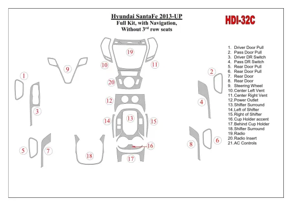 Hyundai Santa Fe 2013-UP Full Set, With NAVI, Without 3 row seats Interior BD Dash Trim Kit - 1 - Interior Dash Trim Kit