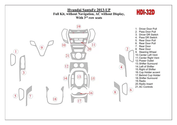 Hyundai Santa Fe 2013-UP Full Set, Without NAVI, Climate-Control Without Display, With 3 row seats Interior BD Dash Trim Kit - 1