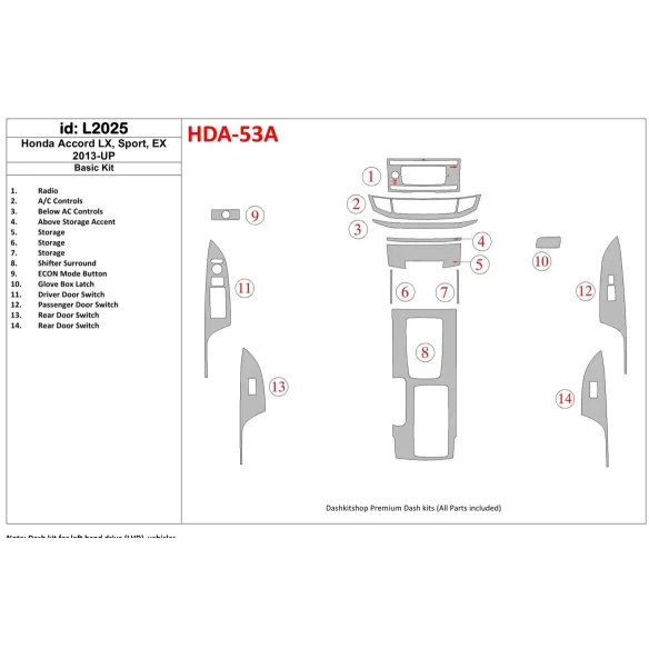 Honda Accord 2013-UP Basic Set Interior BD Dash Trim Kit
