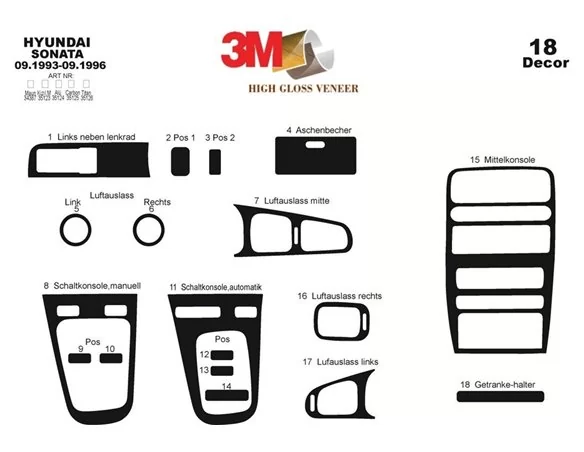 Hyundai Sonata 09.93-09.96 3D Interior Dashboard Trim Kit Dash Trim Dekor 18-Parts