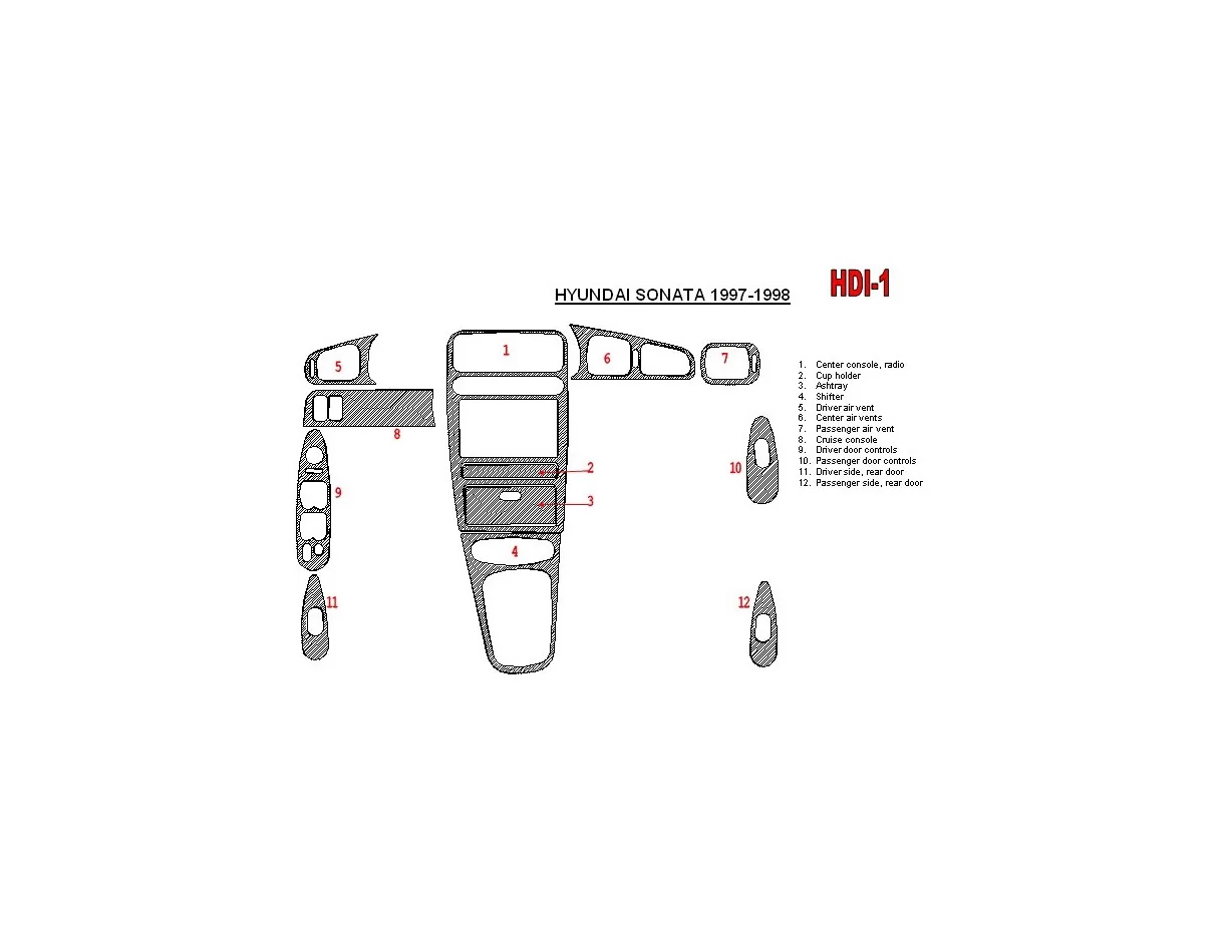 Hyundai Sonata 1997-1998 Full Set, 12 Parts set Interior BD Dash Trim Kit - 1 - Interior Dash Trim Kit