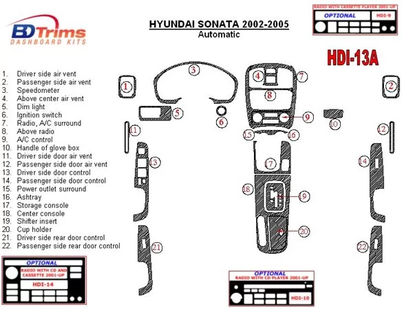 Hyundai Sonata 2002-2005 For Automatic Gear Interior BD Dash Trim Kit - 1 - Interior Dash Trim Kit