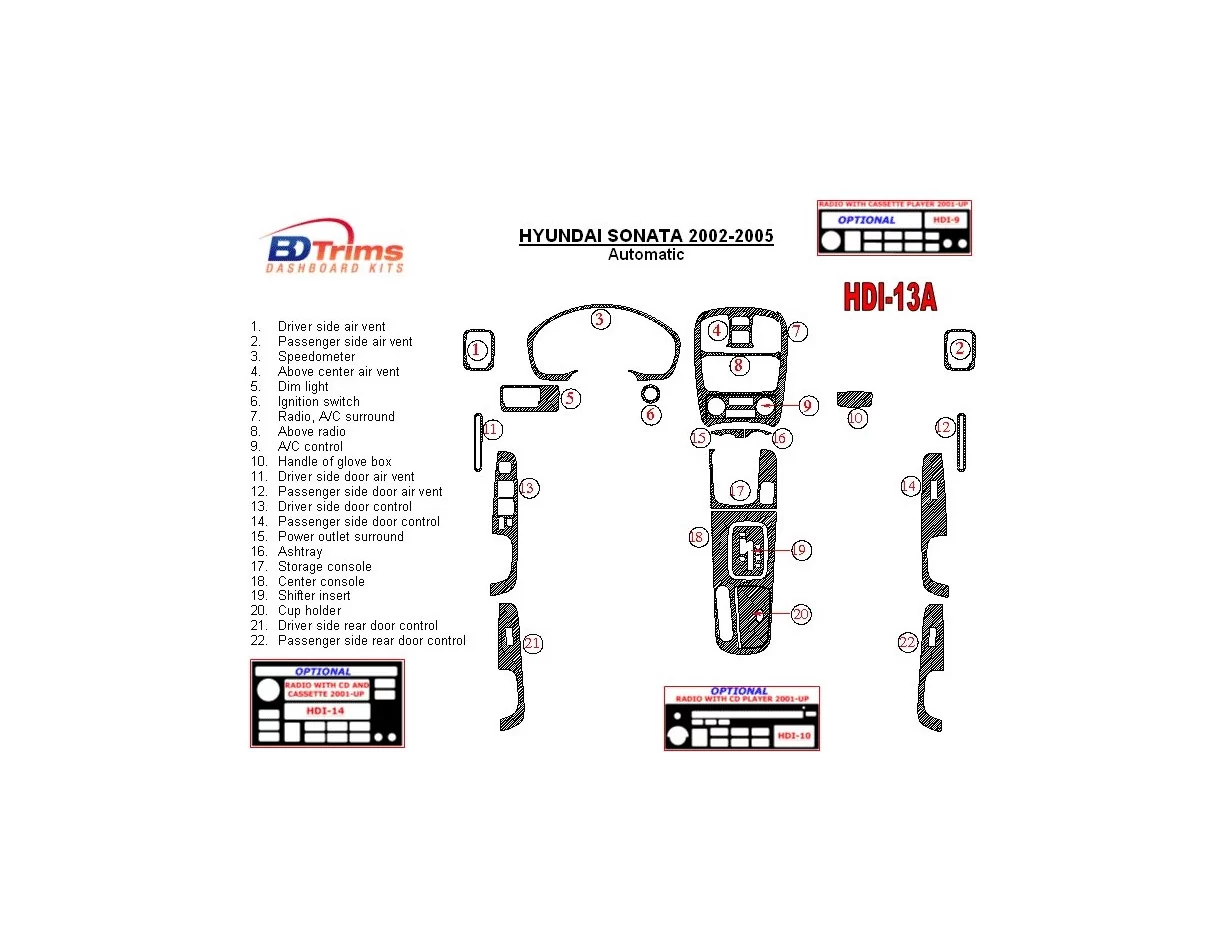Hyundai Sonata 2002-2005 For Automatic Gear Interior BD Dash Trim Kit - 1 - Interior Dash Trim Kit