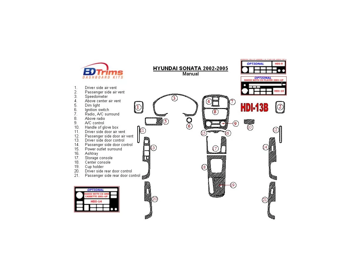 Hyundai Sonata 2002-2005 For Manual Gear Box Interior BD Dash Trim Kit - 1 - Interior Dash Trim Kit