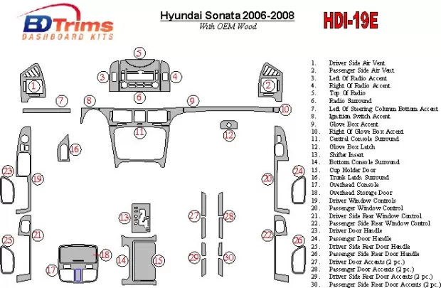 Hyundai Sonata 2006-UP With OEM Wood Kit Interior BD Dash Trim Kit - 1 - Interior Dash Trim Kit