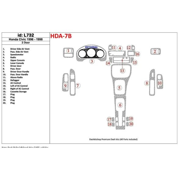 Honda Civic 1996-1998 2 Doors, Full Set, 20 Parts set Interior BD Dash Trim Kit