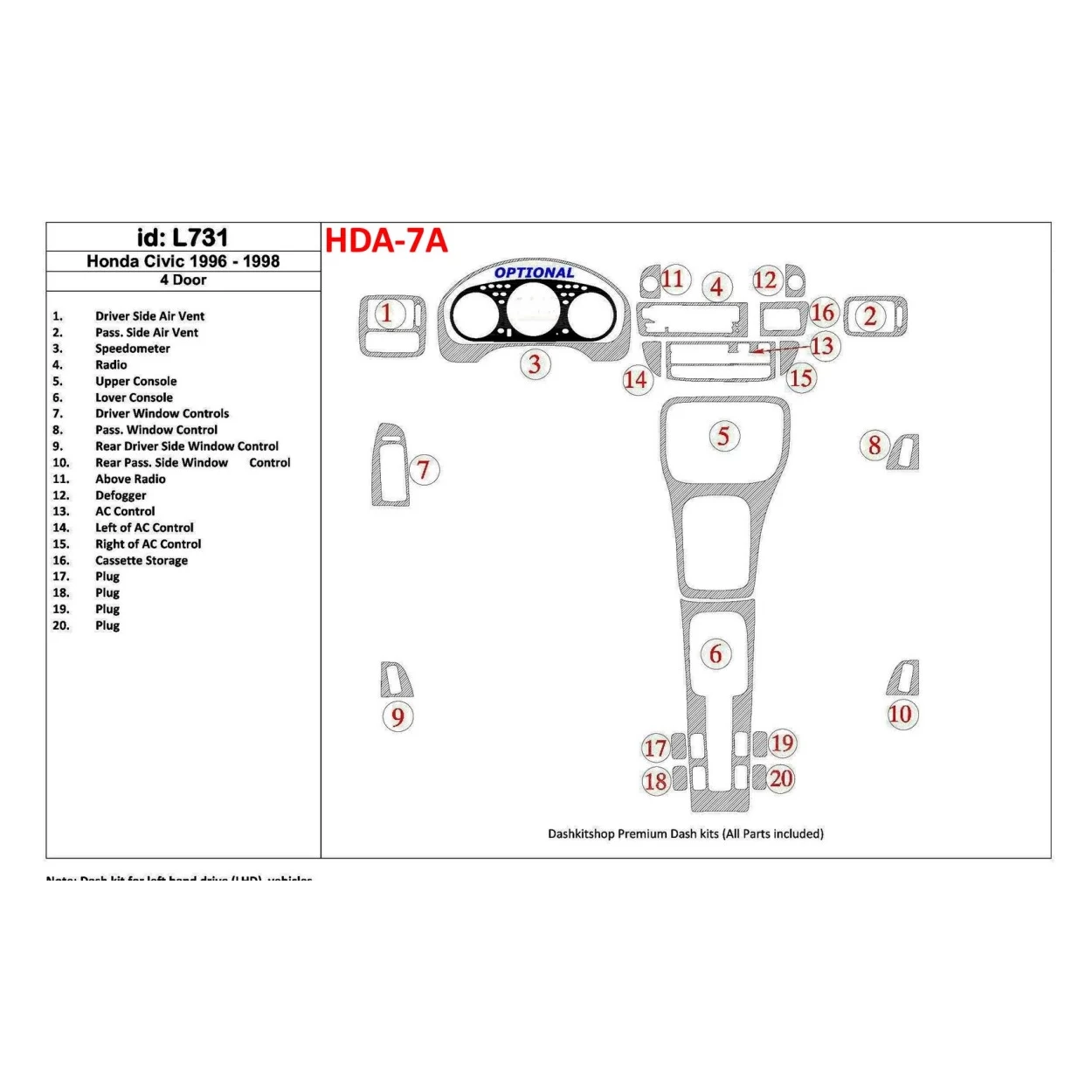 Honda Civic 1996-1998 4 Doors, Full Set, 20 Parts set Interior BD Dash Trim Kit