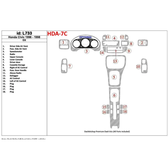 Honda Civic 1996-1998 DX, 18 Parts set Interior BD Dash Trim Kit