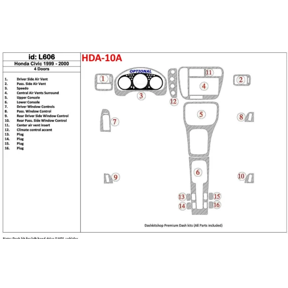 Honda Civic 1999-2000 4 Doors 16 Parts set Interior BD Dash Trim Kit