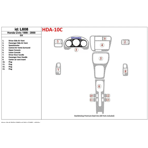 Honda Civic 1999-2000 DX, 13 Parts set Interior BD Dash Trim Kit