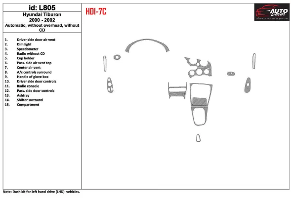 Hyundai Tiburon 2000-2002 Automatic Gearbox, Without CD, 15 Parts set Interior BD Dash Trim Kit - 1 - Interior Dash Trim Kit Hyundai Tiburon 2000-2002 Automatic Gearbox, Without CD, 15 Parts set Interior BD Dash Trim Kit - 1 - Interior Dash Trim Kit