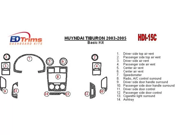 Hyundai Tiburon 2003-2005 Basic Set, 16 Parts set Interior BD Dash Trim Kit - 1 - Interior Dash Trim Kit