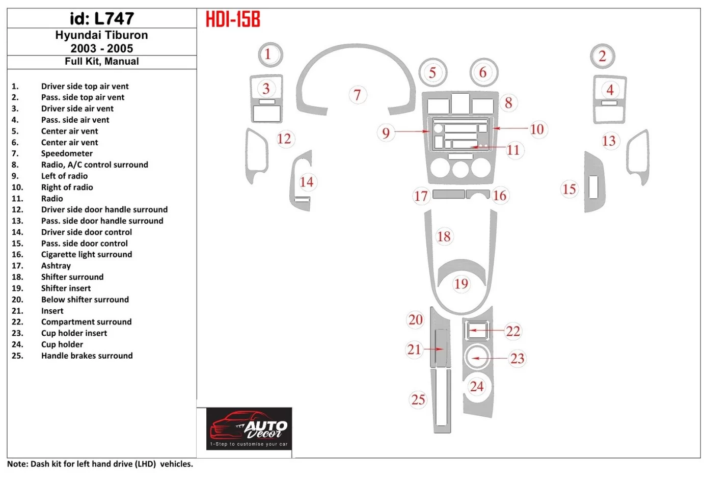 Hyundai Tiburon 2003-2005 Full Set, Manual Gearbox Interior BD Dash Trim Kit - 1 - Interior Dash Trim Kit