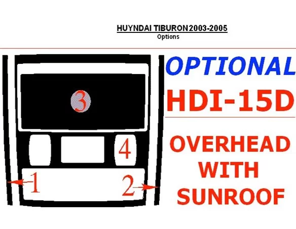 Hyundai Tiburon 2003-2005 Overhead With sunroof, 4 Parts set Interior BD Dash Trim Kit - 1 - Interior Dash Trim Kit