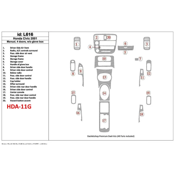 Honda Civic 2001-2001 Manual Gearbox, 4 Doors, Without glowe-box, 20 Parts set Interior BD Dash Trim Kit