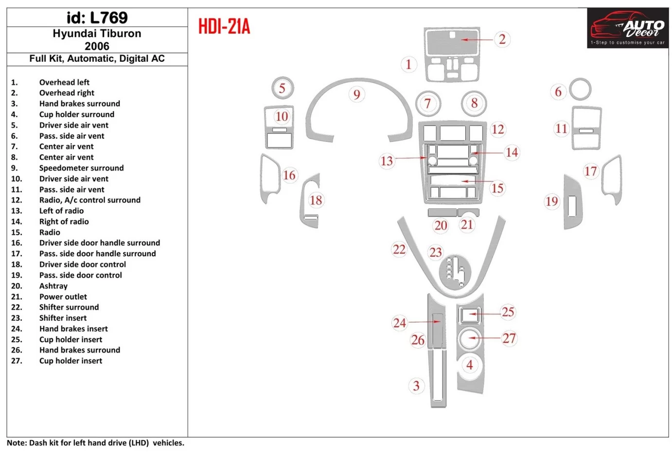 Hyundai Tiburon 2006-2006 Full Set, Auto, Automatic AC Interior BD Dash Trim Kit - 1 - Interior Dash Trim Kit