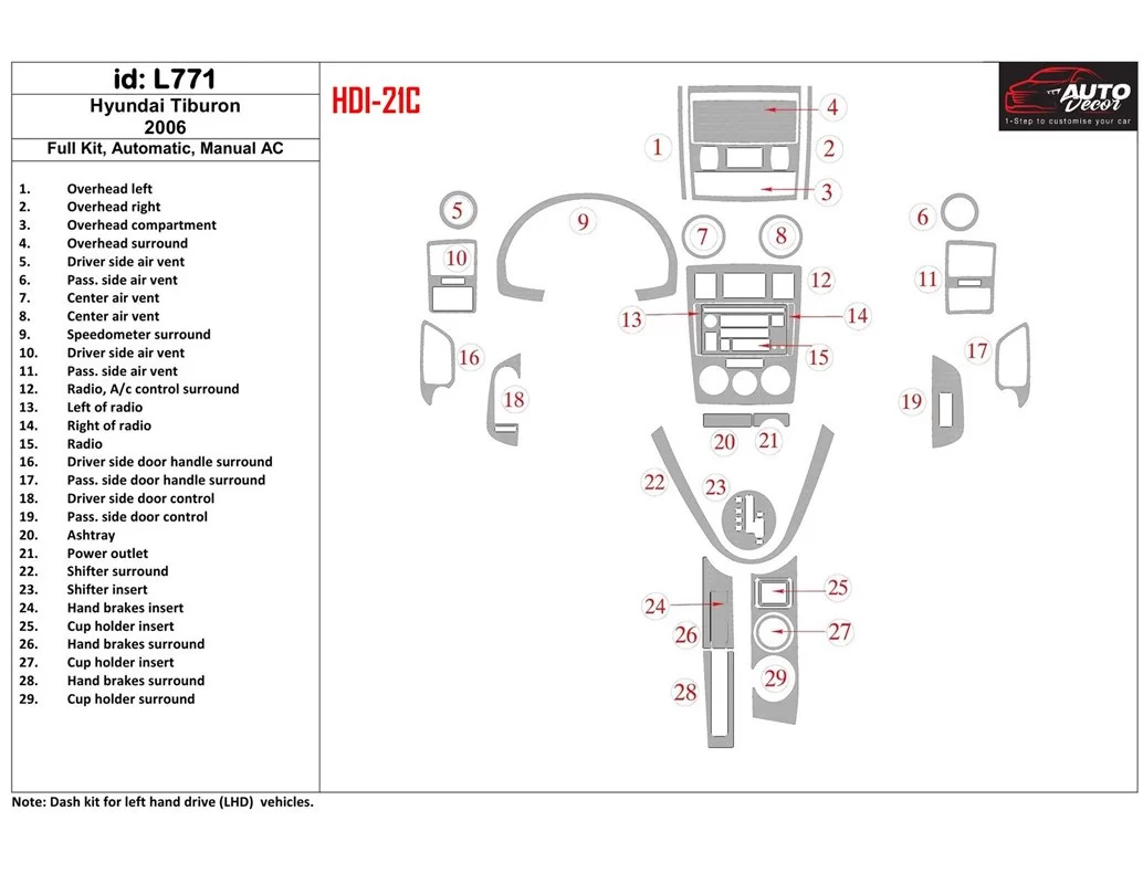 Hyundai Tiburon 2006-2006 Full Set, Auto, Manual Gearbox AC Interior BD Dash Trim Kit - 1 - Interior Dash Trim Kit