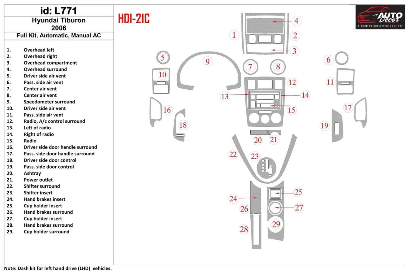 Hyundai Tiburon 2006-2006 Full Set, Auto, Manual Gearbox AC Interior BD Dash Trim Kit - 1 - Interior Dash Trim Kit