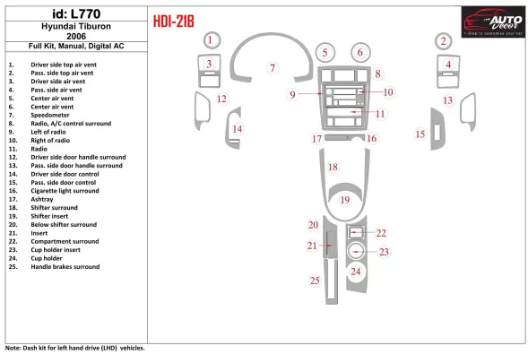 Hyundai Tiburon 2006-2006 Full Set, Manual Gearbox, Automatic AC Interior BD Dash Trim Kit - 1 - Interior Dash Trim Kit