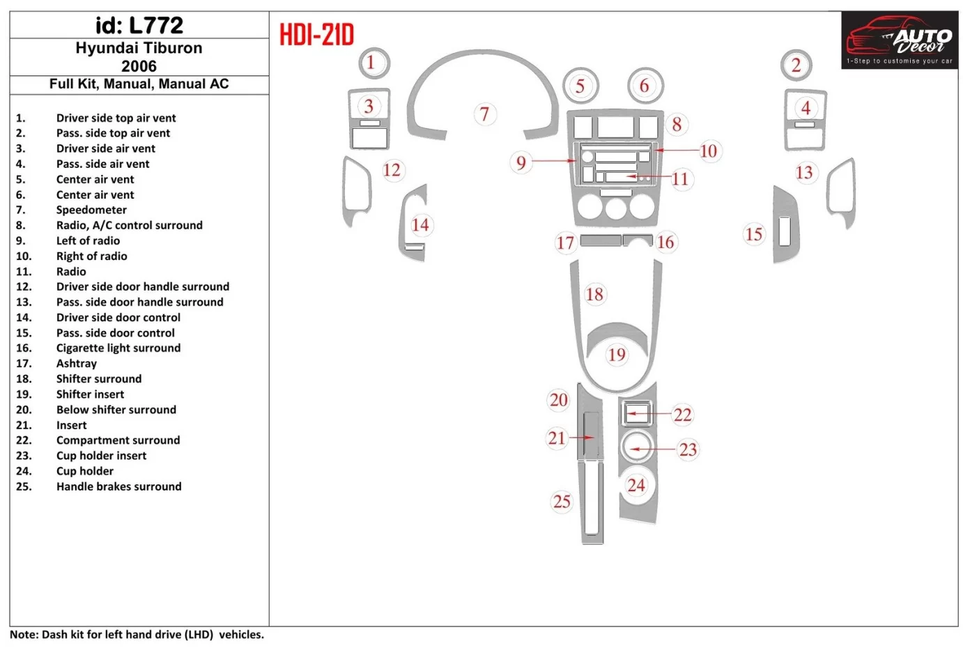 Hyundai Tiburon 2006-2006 Full Set, Manual Gearbox, Manual Gearbox AC Interior BD Dash Trim Kit - 1 - Interior Dash Trim Kit